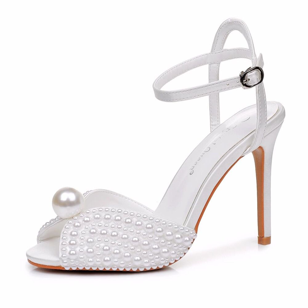 4.1" Pearl Wedding Sandals Peep Toe Stiletto Heel Bridal High Heels (Size 7)